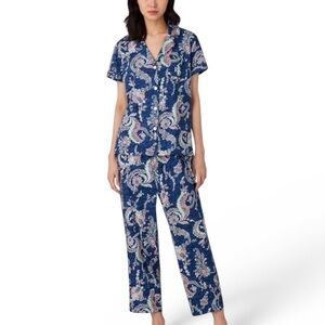 Lauren Ralph Lauren Blue & White Paisley Pajama Set Size Medium Monogram Pocket